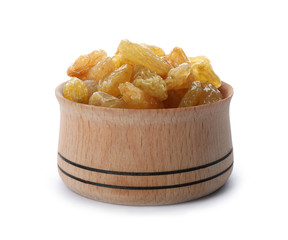 Bowl with raisins on white background. Healthy dried fruit