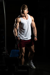 Fototapeta na wymiar Bodybuilder Exercising Biceps In Undershirt