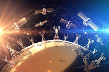 Conflict around 5G network illustrated with closeup on the globe and red and blue lights on opposite sides. War on 5G network concept. 3D rendering