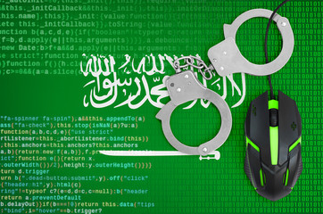 Saudi Arabia flag  and handcuffed computer mouse. Combating computer crime, hackers and piracy