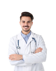 Fototapeta premium Young medical student in uniform on white background