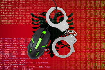  Albania flag  and handcuffed computer mouse. Combating computer crime, hackers and piracy