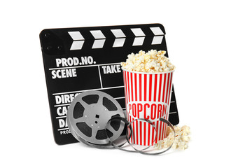 Popcorn, clapper and reel isolated on white. Cinema snack