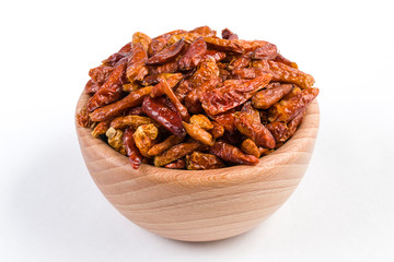 piri piri pepper in wooden bowl isolated on white background.