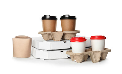 Different containers on white background, mockup for design. Food delivery