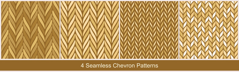 Seamless vector chevron patterns in gold beige colors on brown background. Collection of abstract geometric prints