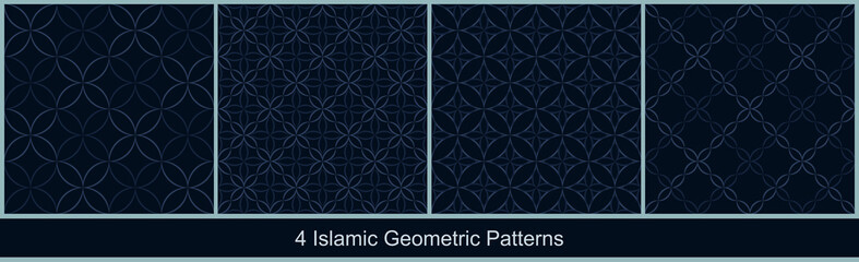 Seamless vector floral patterns based on Islamic geometric ornaments in dark blue colors on black background. Set of ornamental prints