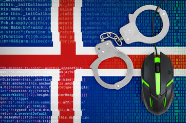 Iceland flag  and handcuffed computer mouse. Combating computer crime, hackers and piracy