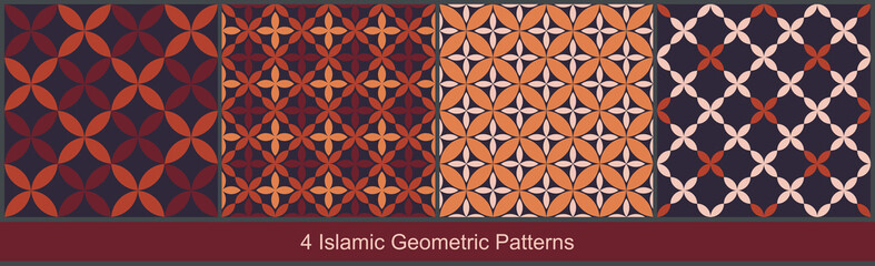Seamless vector floral patterns based on Islamic geometric ornaments in terracotta brown colors on black background. Set of ornamental prints