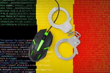 Belgium flag  and handcuffed computer mouse. Combating computer crime, hackers and piracy