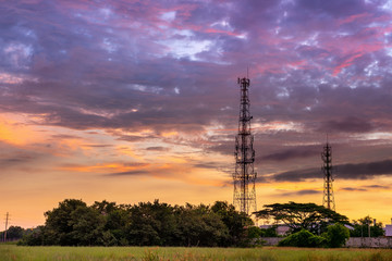 Silhouette of Telecommunication and Communication Tower Antenna at Sunrise Cloud Sky., Technology 3G,4G of Industrial Transmission Network. Engineering Connection.