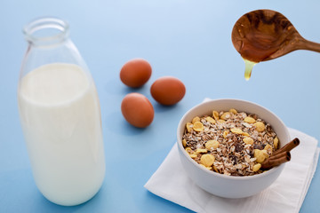 Honey and raisin cereal breakfast.