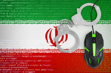 Iran flag  and handcuffed computer mouse. Combating computer crime, hackers and piracy
