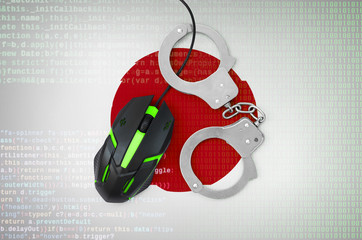 Japan flag  and handcuffed computer mouse. Combating computer crime, hackers and piracy