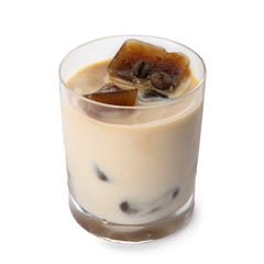 Glass of milk with coffee ice cubes on white background
