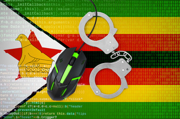 Zimbabwe flag  and handcuffed computer mouse. Combating computer crime, hackers and piracy