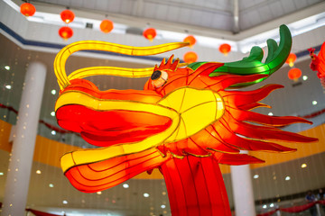 Close-up view of a hand crafted dragon head often displayed on Chinese New Year celebration.