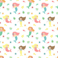 Seamless summer pattern with cute mermaids, fish and starfish. Vector sea illustration for children, holiday, background, print, fabric, card, clothes, girl, birthday. Hand-drawn image of a mermaid.