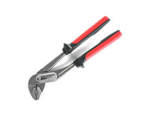Fototapeta premium Water pump pliers on white background, top view. Construction tools