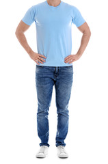 Obraz premium Young man on white background, closeup. Weight loss