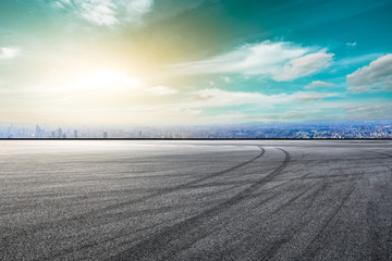 Empty asphalt road and city skyline with buildings in Shanghai,high angle view
