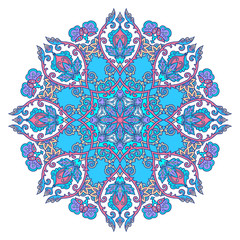 Blue floral circle mandala in Turkish arabesque style, vintage art design element isolated on white background