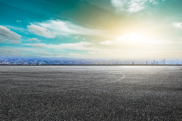 Fototapeta premium Empty asphalt road and city skyline with buildings in Shanghai,high angle view