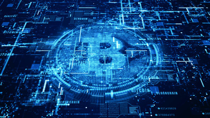 Bitcoin currency sign in digital cyberspace, network for world money