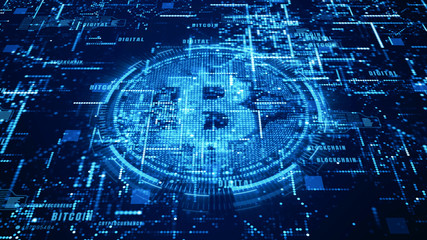 Bitcoin currency sign in digital cyberspace, network for world money