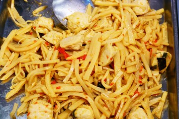 Fried Bamboo Shoot with Pork Egg meat ball and Sweet Basil