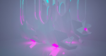 Abstract  white Futuristic Sci-Fi Gothic interior With Pink And Blue Glowing Neon Tubes . 3D illustration and rendering.