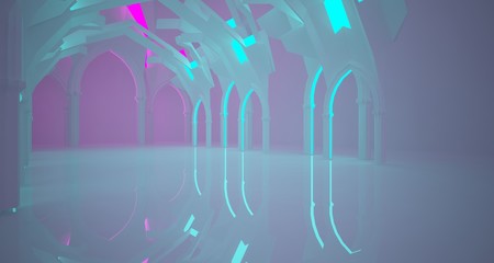 Abstract  white Futuristic Sci-Fi Gothic interior With Pink And Blue Glowing Neon Tubes . 3D illustration and rendering.