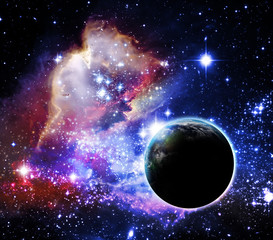 Illustration of fictional planet with a nebula in the background