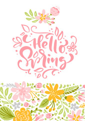 Fototapeta na wymiar Flower Vector greeting card with text Hello Spring. Isolated flat illustration on white background. Spring scandinavian hand drawn nature wedding design