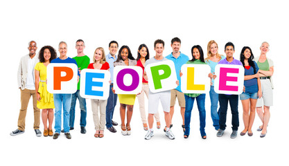 Fototapeta premium Multi-Ethnic Group Of People Holding Alphabet To Form People