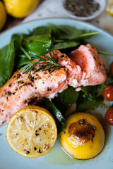 Grilled salmon filet with fresh greens
