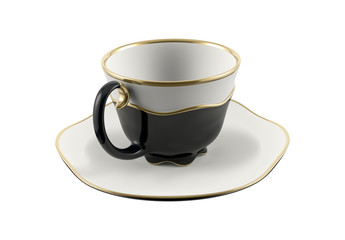 Isolated antique porcelain cup with gold on white background. 3D Illustration.