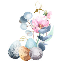 Elegant easter spring composition with watercolor flowers, spotty hand painted eggs, tulips, eucalyptus and branches