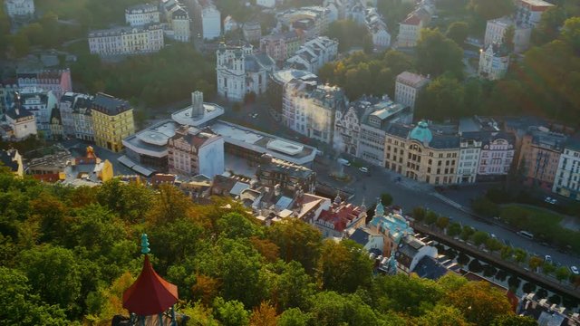 Aerial view of Karlovy Vary in sunset