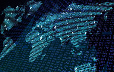 Blue world map of binary code, big data and financial chart foreground