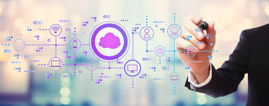 Cloud computing with businessman on blurred abstract background