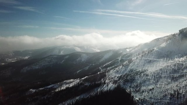 mountain peaks, basins, mountains, forests, sky, snow, gorges, slopes, trails, clouds, landscape, roads,