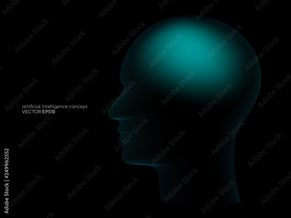 Poster artificial intelligence technology concept human head shape with light dots line blue color on black