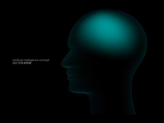 Artificial intelligence technology concept human head shape with light dots line blue color on black background. Vector in concept technology, communication, digital, ai, science.