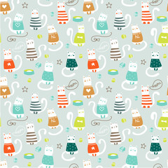 Seamless pattern with funny kittens in cartoon style. Smiling and playing Cats. deal for cards, invitations, party, banners, kindergarten, baby shower, preschool and children room decoration