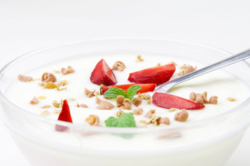 bowl yogurt with strawberry isolate on white background