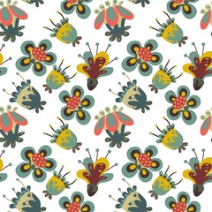 Vector naive fantasy flower and birds pattern