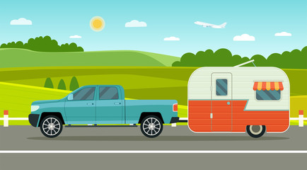 Travel trailer and pickup truck. Summer landscape. Vacation poster concept. Flat style vector illustration