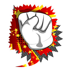 Vector cartoon hand making power to the people fist gesture. Illustrated hand sign on comic book background.