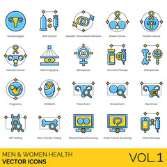 Men and women health icons including gynaecologist, birth control, sexually transmitted infections, breast cancer, ovarian, cervical, mammography, menopause, hormone therapy, osteoporosis, pregnancy.